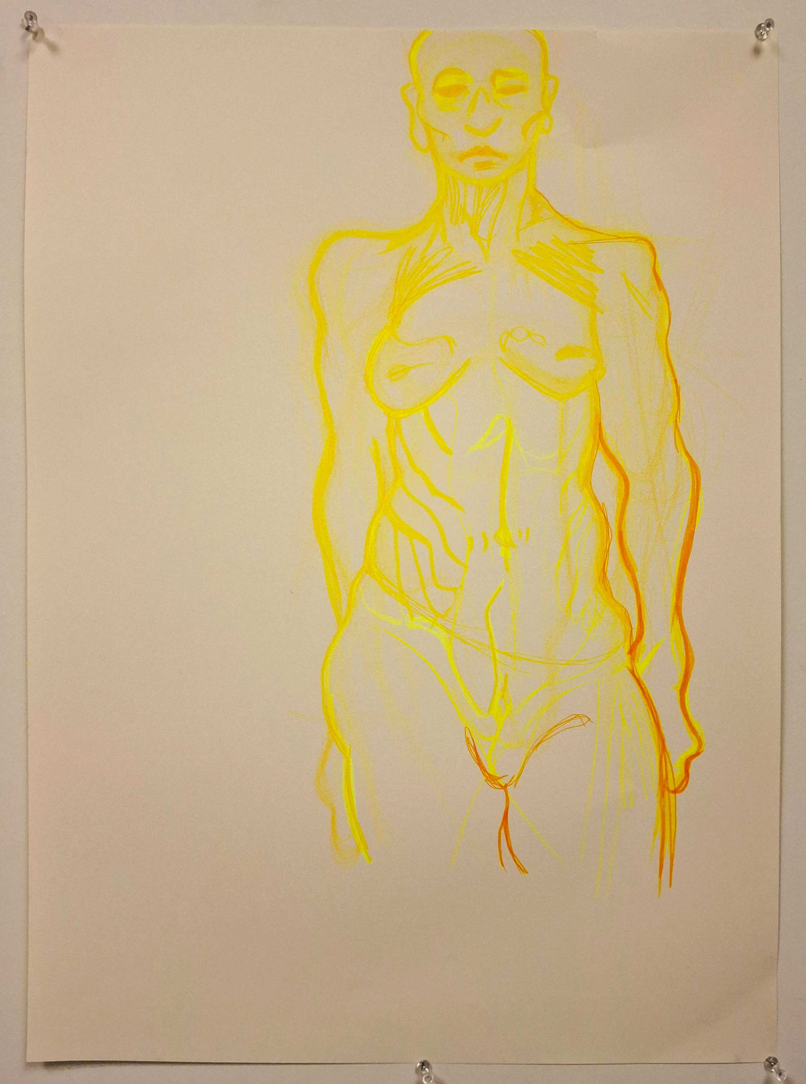 A photograph. It shows a standing figure cut-off at the knees in yellow. The paper is held up by thumb-tacks to the wall.